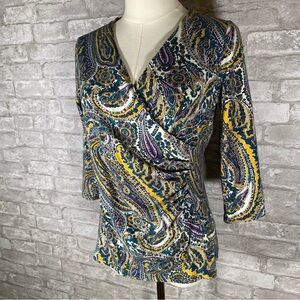 Talbots Paisley Wrap-Style Women's Top Yellow, Teal & Purple size medium petite